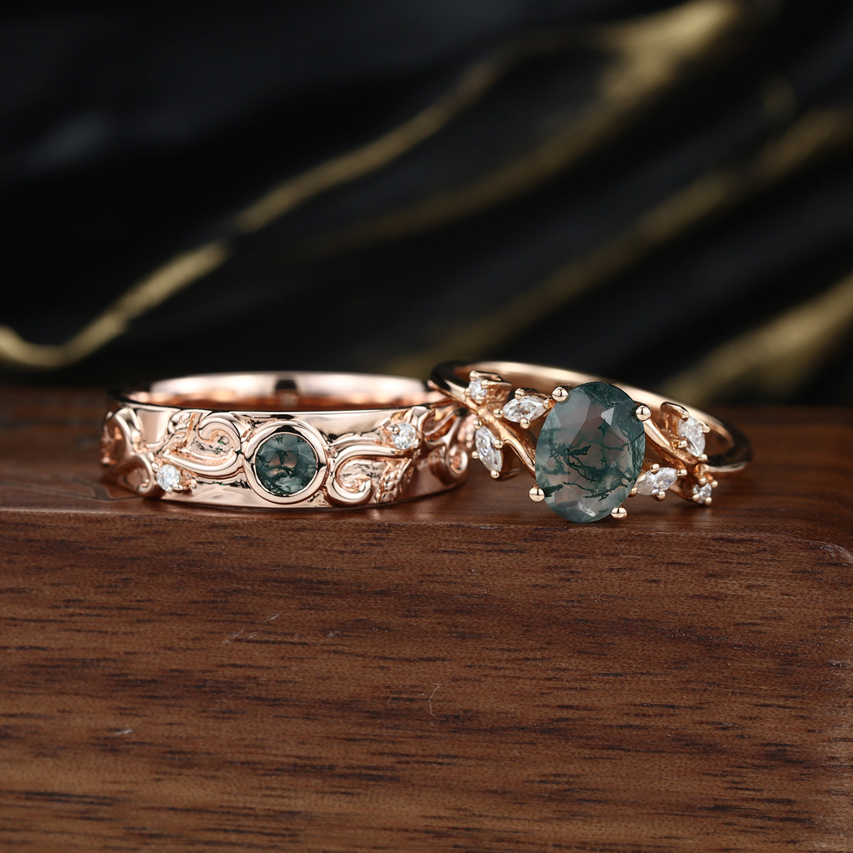 Forever Glow Moss Agate Couple Rings | Rose Gold Leaf Wedding Bridal Set
