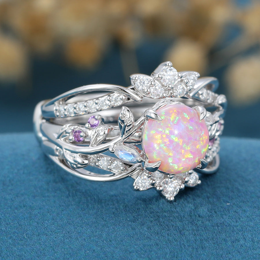 Round cut  Lab Opal Wedding Bridal Set