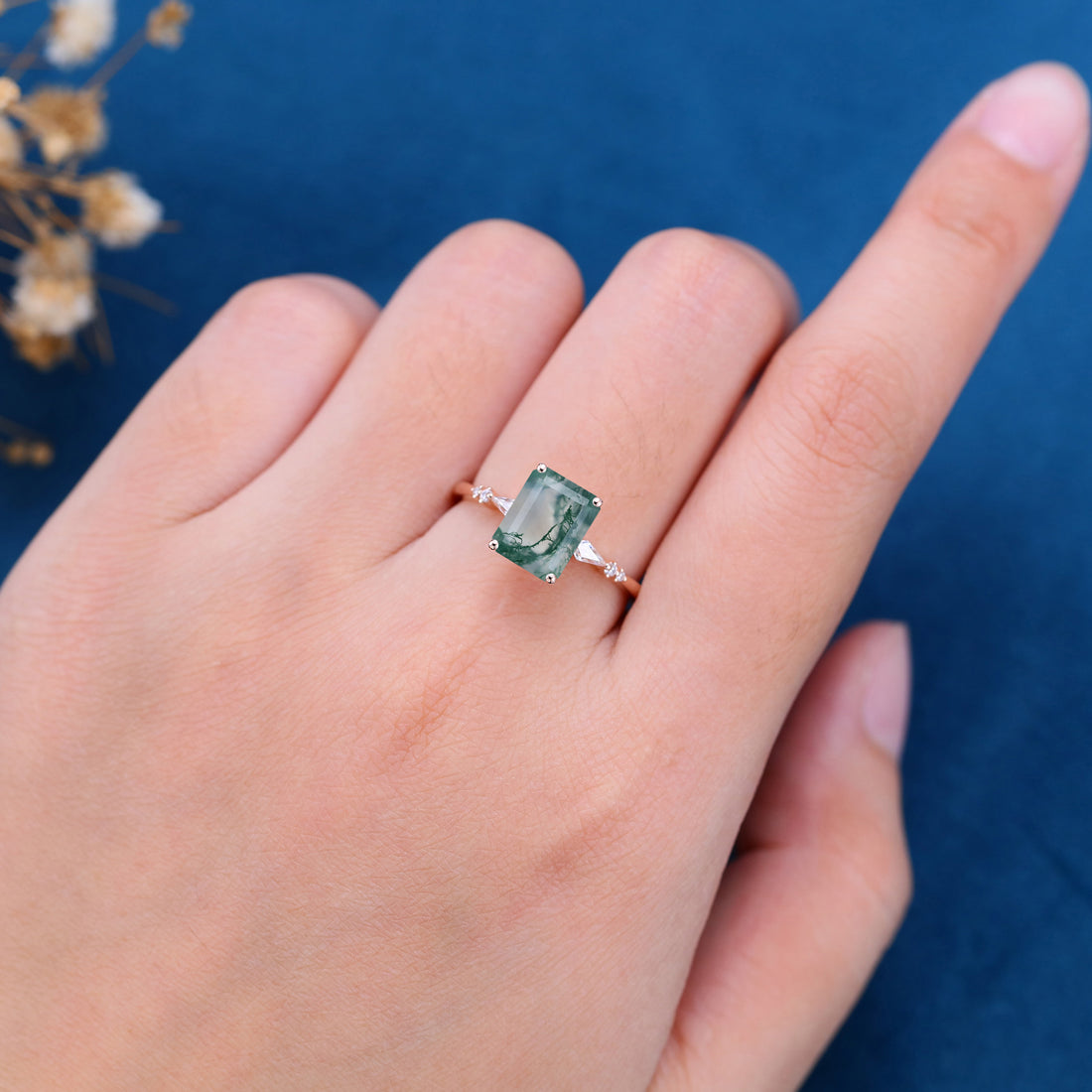 Emerald Cut Natural Green Moss Agate Cluster Engagement Ring