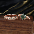 Forever Glow Moss Agate Couple Rings | Rose Gold Leaf Wedding Bridal Set