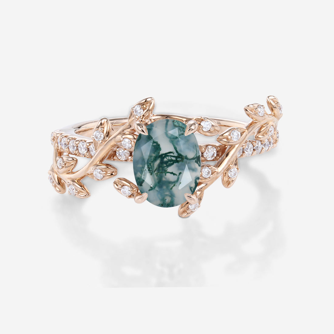 Nature Inspired Oval cut Moss Agate Leaf Gold Engagement Ring