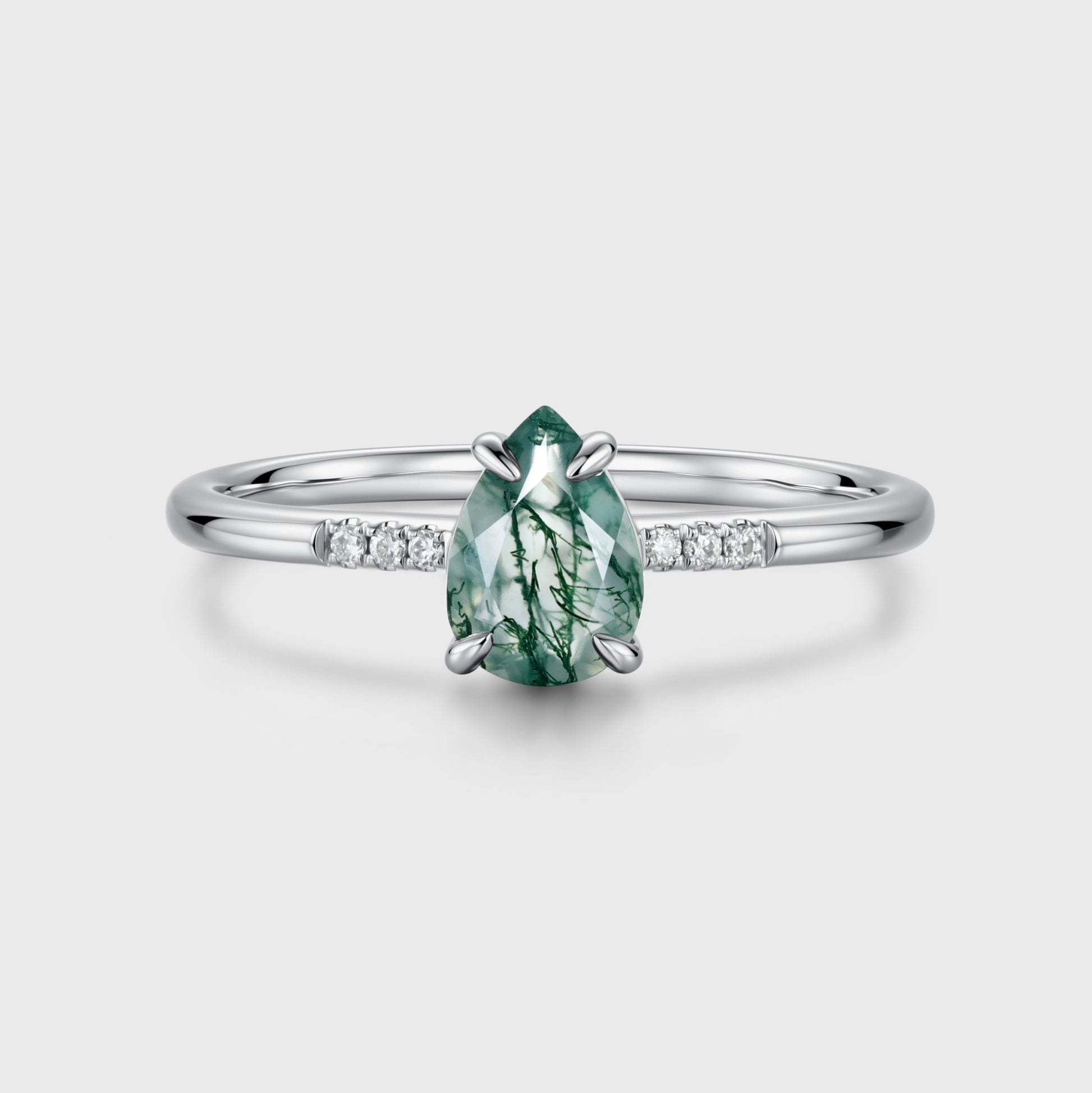 Natural Green Moss Agate pear cut cluster Engagement Ring