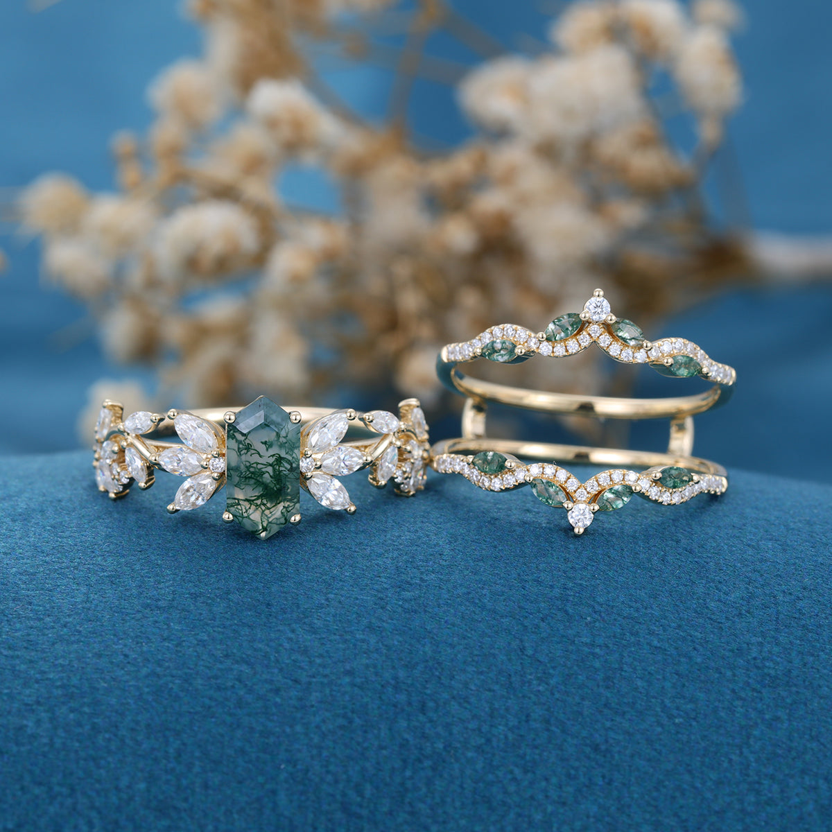 Long Hexagon cut Moss Agate Gold Wedding Bridal Set