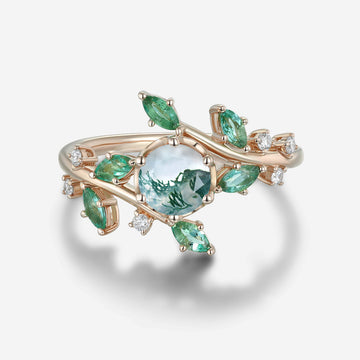 Nature Inspired Round cut Moss Agate cluster Gold Engagement Ring