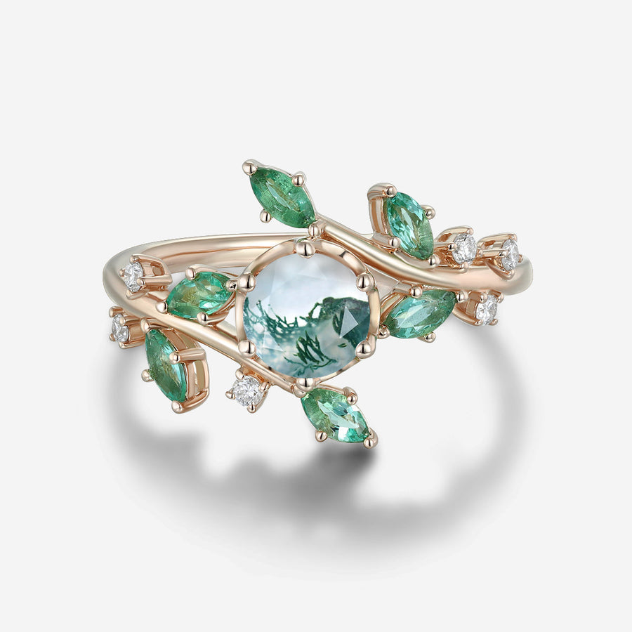 Nature Inspired Round cut Moss Agate cluster Gold Engagement Ring