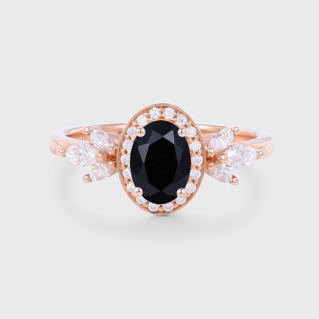 Oval cut Black Onyx Cluster Engagement Ring