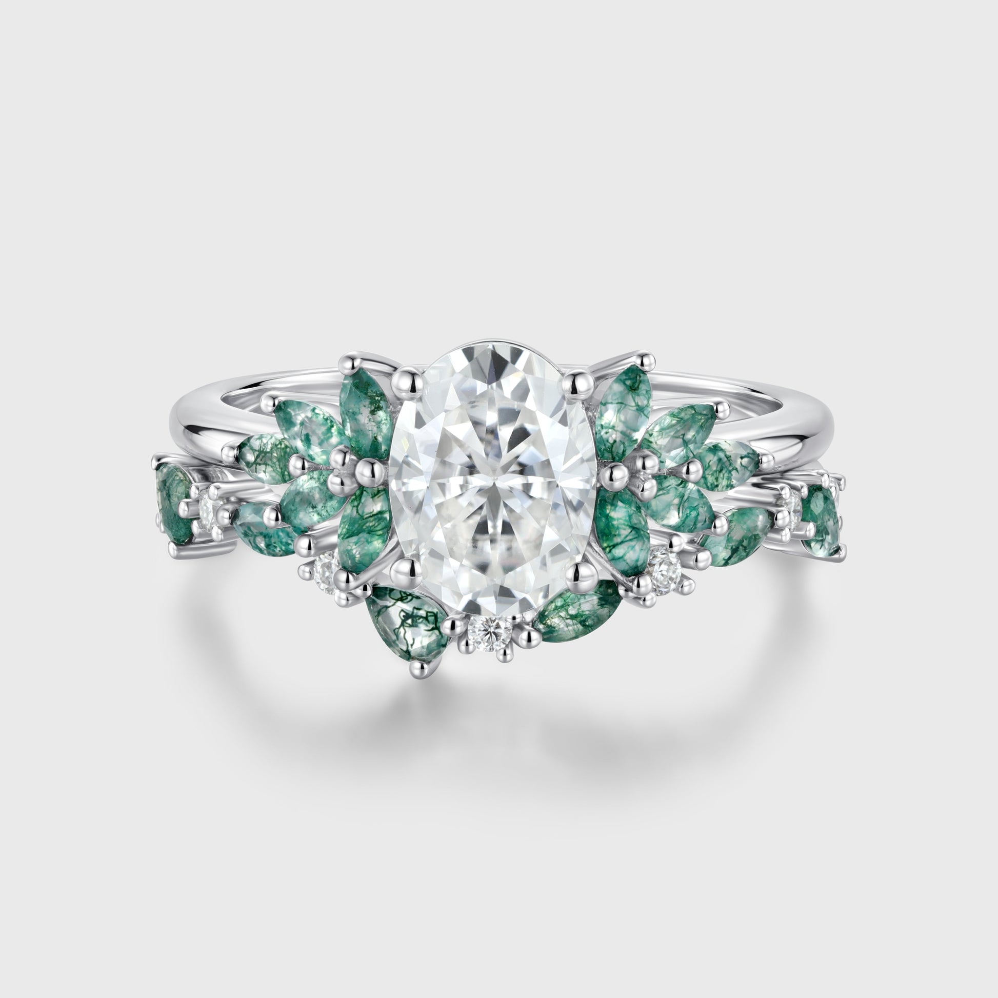 Oval cut Moissanite Engagement ring +Moss agate Wedding Bridal set