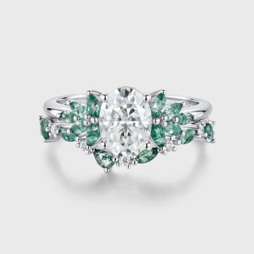 Oval cut Moissanite Engagement ring +Moss agate Wedding Bridal set