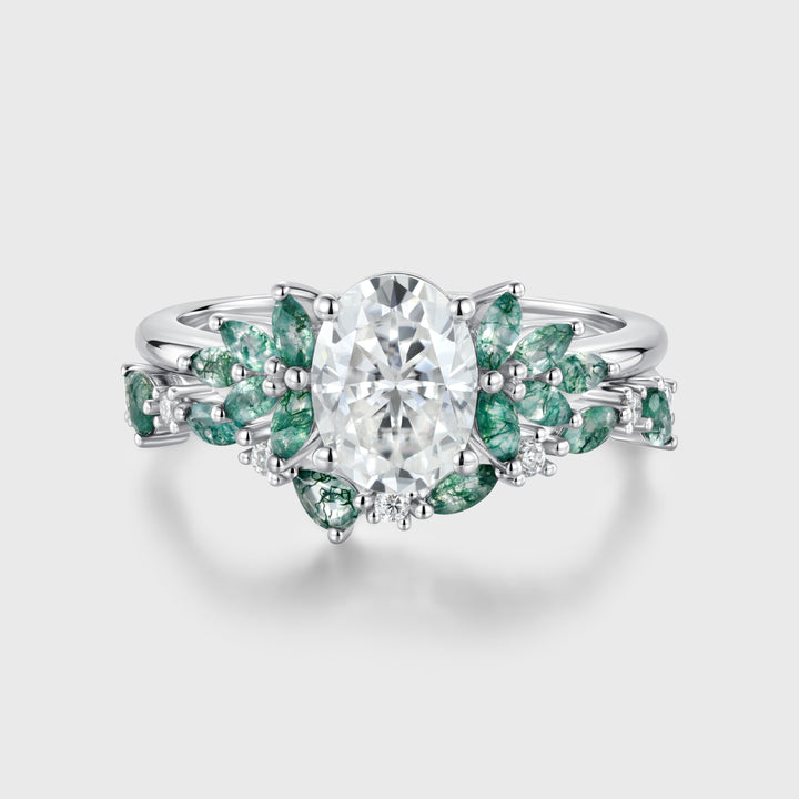Oval cut Moissanite Engagement ring +Moss agate Wedding Bridal set
