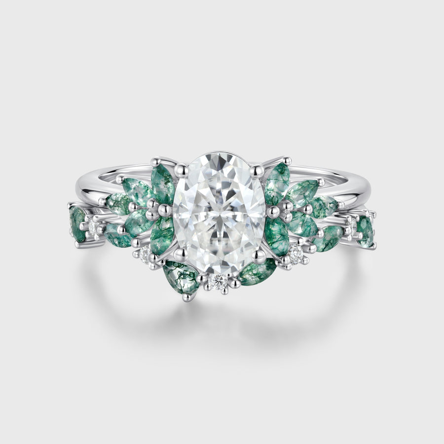 Oval cut Moissanite Engagement ring +Moss agate Wedding Bridal set