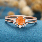 Round cut Sunstone Cluster Engagement ring Bridal Set 