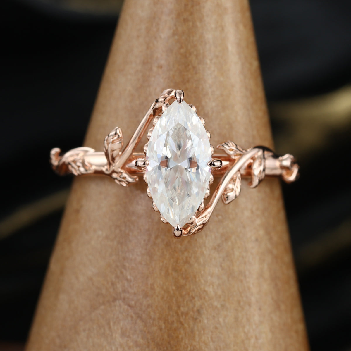 Nature Inspired Marquise cut Moissanite Leaf Gold Engagement Ring