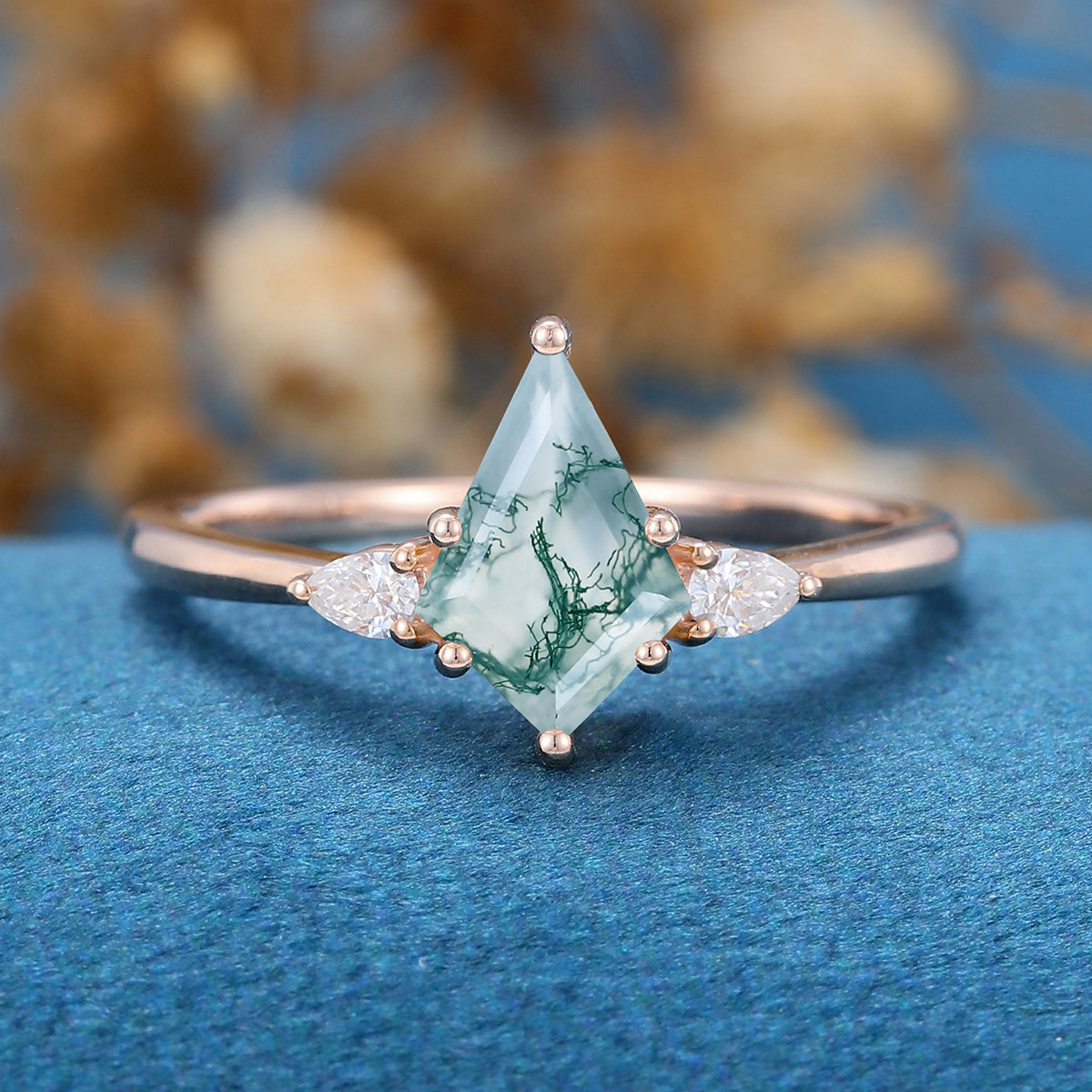 Kite Cut Natural Green Moss Agate Cluster Engagement Ring 