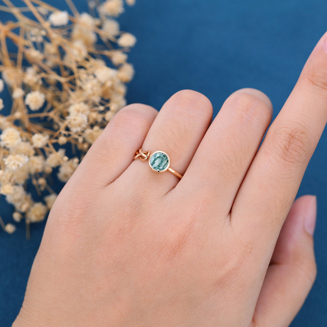 Solitaire Bezel Set Round cut Moss agate Engagement Ring