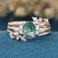 Nature Inspired Oval cut Moss Agate Leaf Gold Ring set