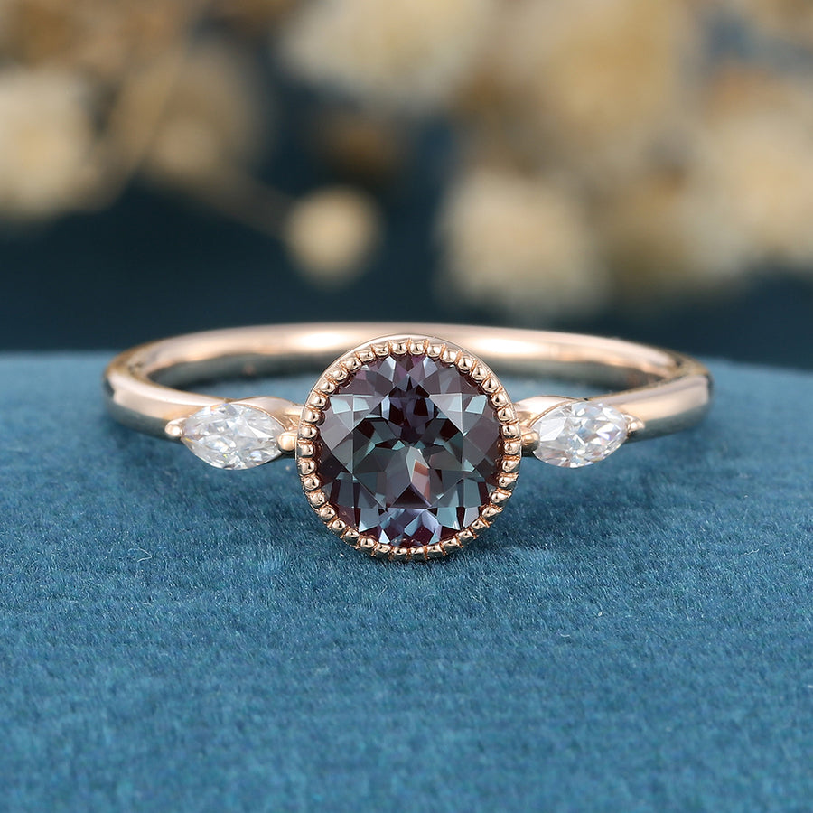 Bezel setting Round cut Lab Alexandrite Gold Engagement Ring