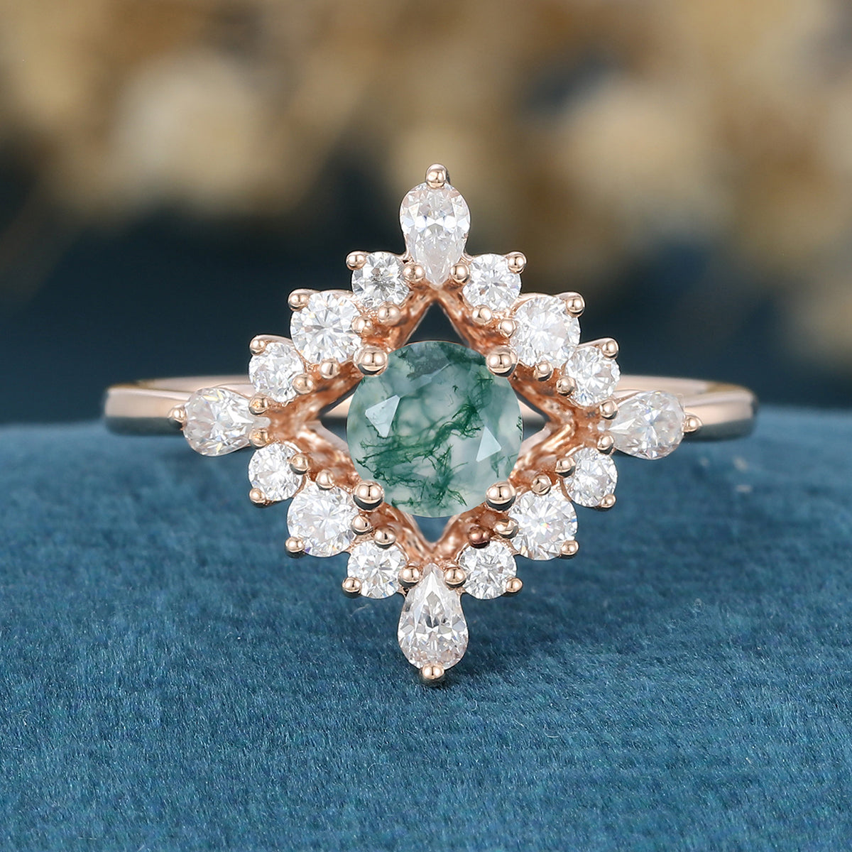 Round cut Moss Agate Matching Mossanite | Diamonds Gold Engagement Ring