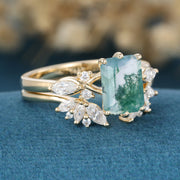 Emerald cut Moss Agate Matching Mossanite | Diamonds Gold Bridal Set