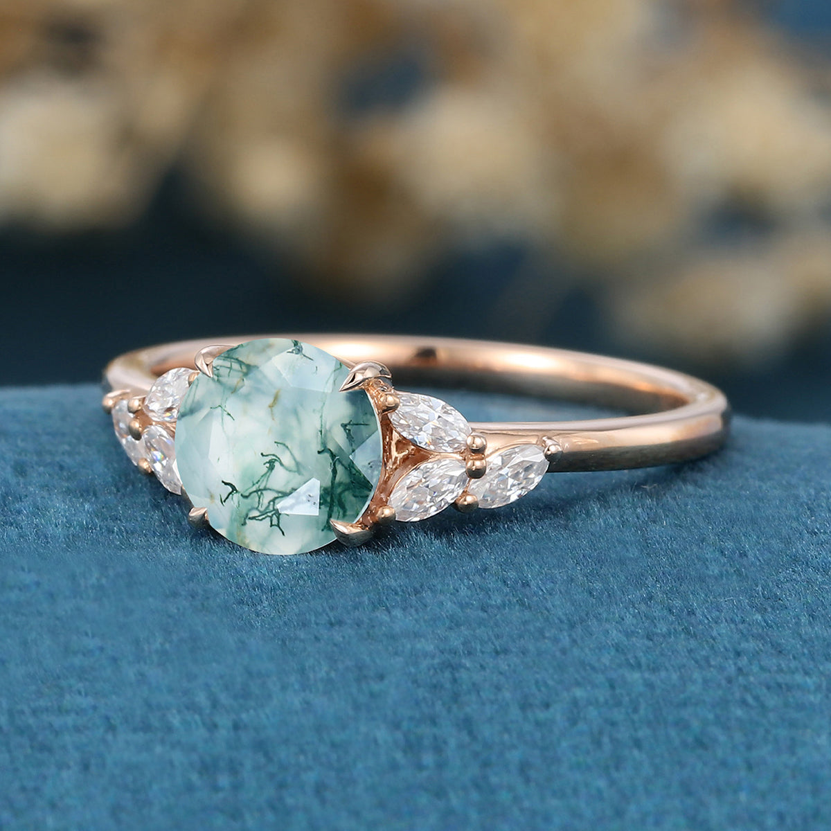 Round cut Moss Agate Matching Mossanite | Diamonds Gold Engagement Ring