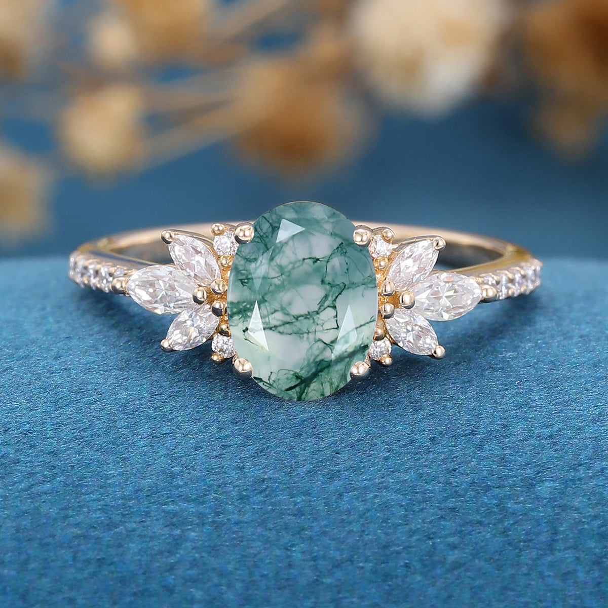 Oval Cut Natural Green Moss Agate Stone Cluster Engagement Rings