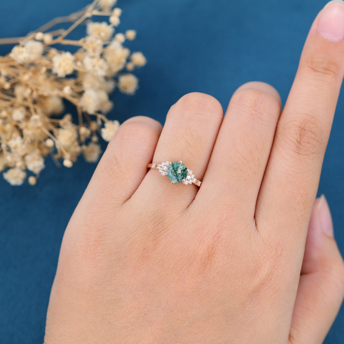 Round cut Moss Agate Matching Mossanite | Diamonds Gold Engagement Ring