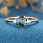 Hexagon Cut Natural Green Moss Agate Cluster Engagement Ring