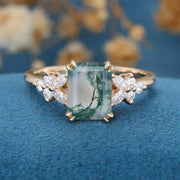 Natural Green Moss Agate Emerald cut cluster Engagement Ring