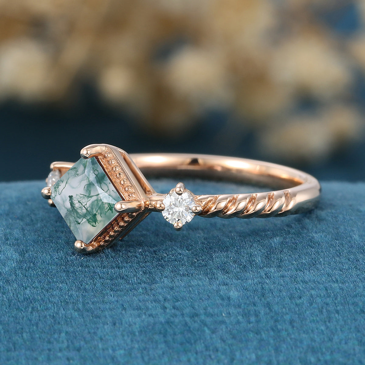 Bezel setting Princess cut Moss Agate Matching Mossanite | Diamonds Gold Engagement Ring