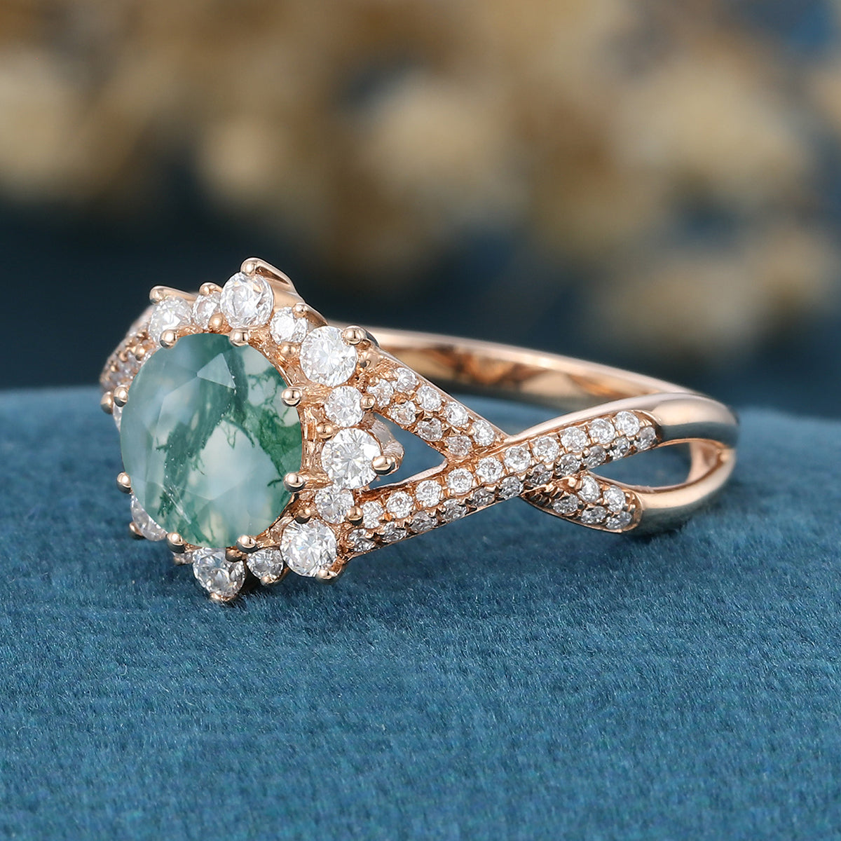 Round cut Moss Agate Matching Mossanite | Diamonds Gold Engagement Ring