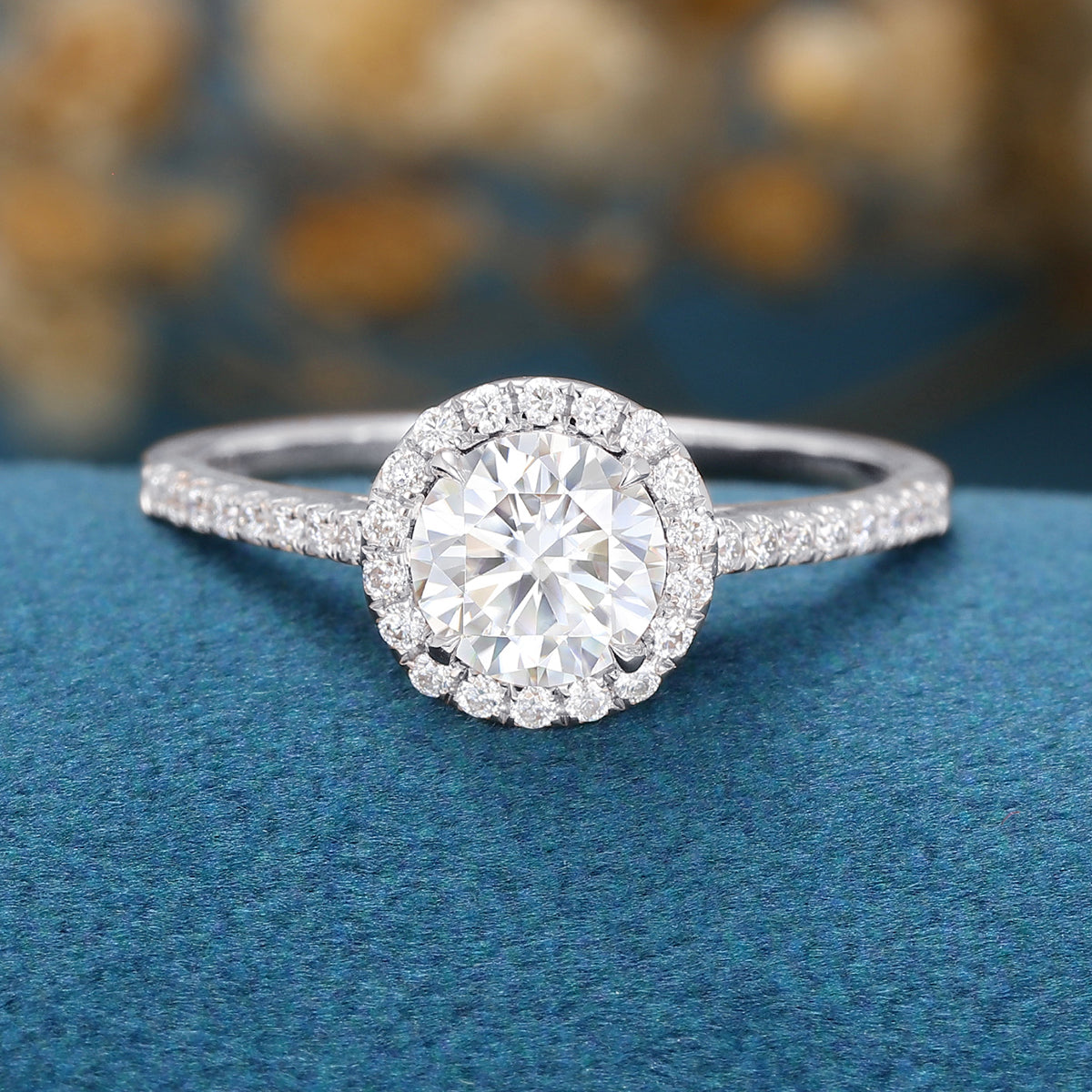 Round cut Halo Moissanite Half Eternity Engagement Ring