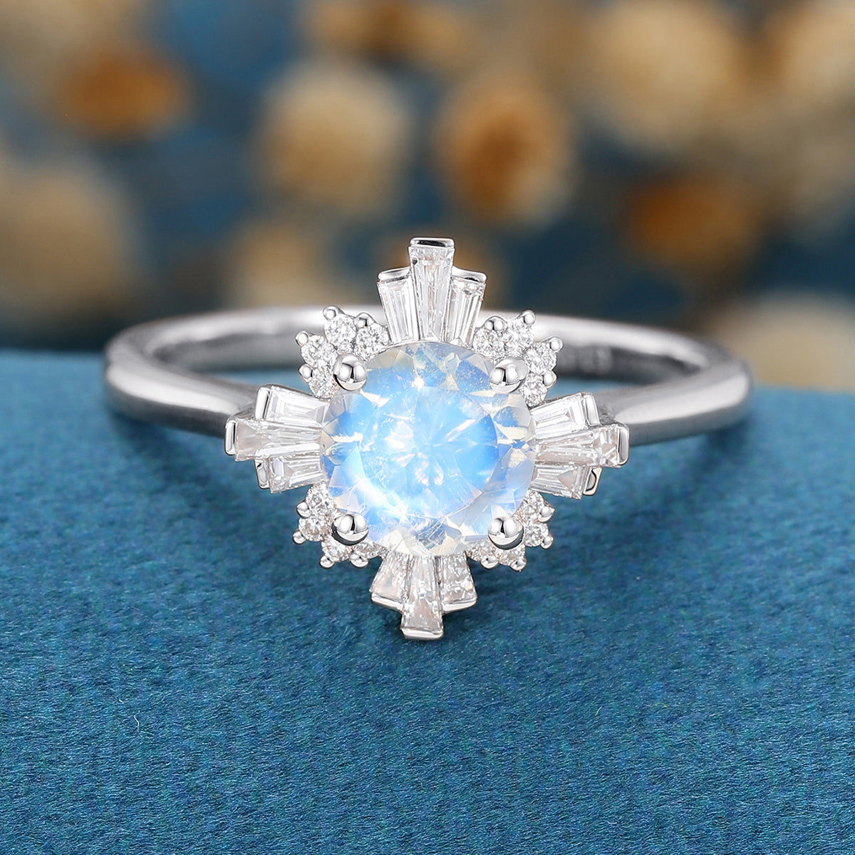 Round cut Moonstone  Halo Baguette Engagement Ring