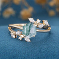 Natural Moss Agate Hexagon Cut Cluster Engagement rings