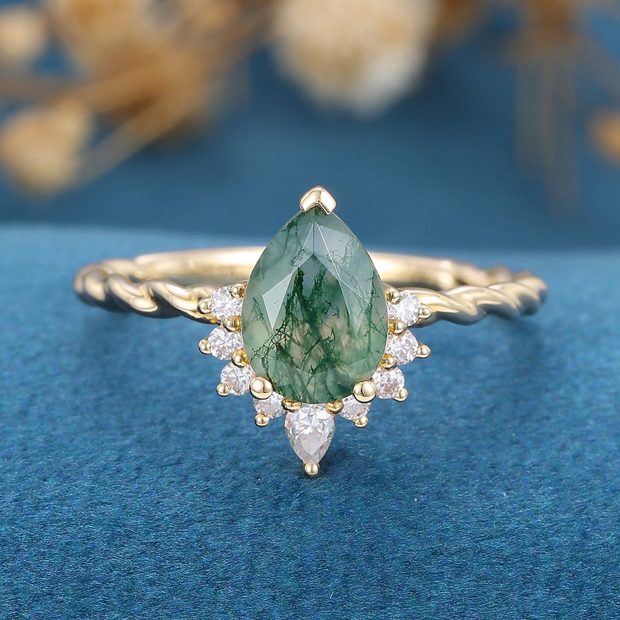 Pear Cut Natural Green Moss Agate Cluster Engagement Ring