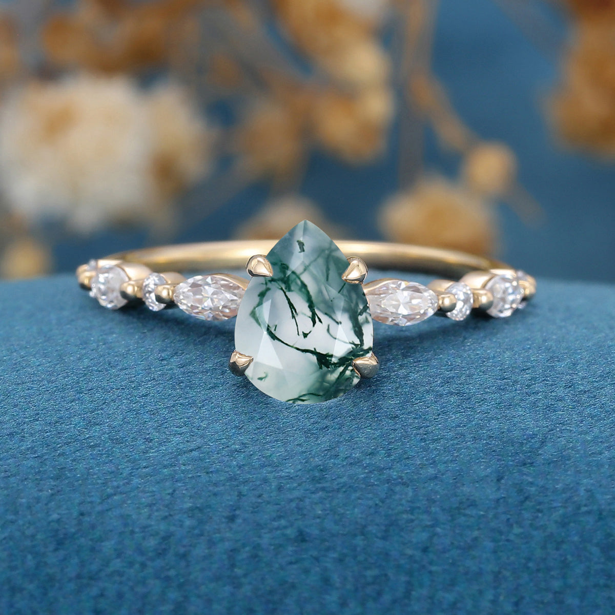 Natural Green Moss Agate pear cut cluster Engagement Ring