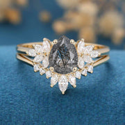 Pear cut Black Rutilated Cluster Engagement ring Bridal Set