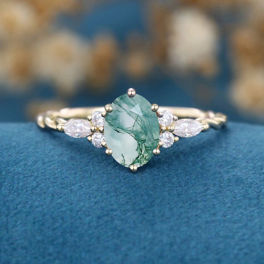 Natural Green Moss Agate Oval cut cluster Engagement Ring