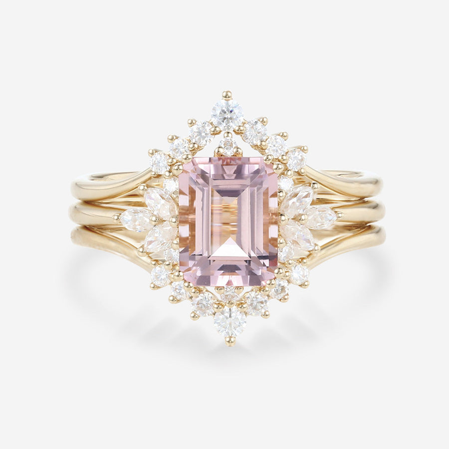 Emerald cut Morganite Cluster Engagement Bridal Set