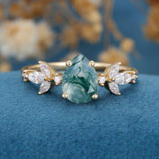 Pear Cut Natural Green Moss Agate Cluster Engagement Ring