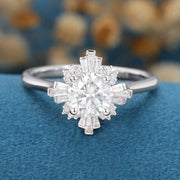 Round cut Moissanite Halo Baguette Engagement Ring