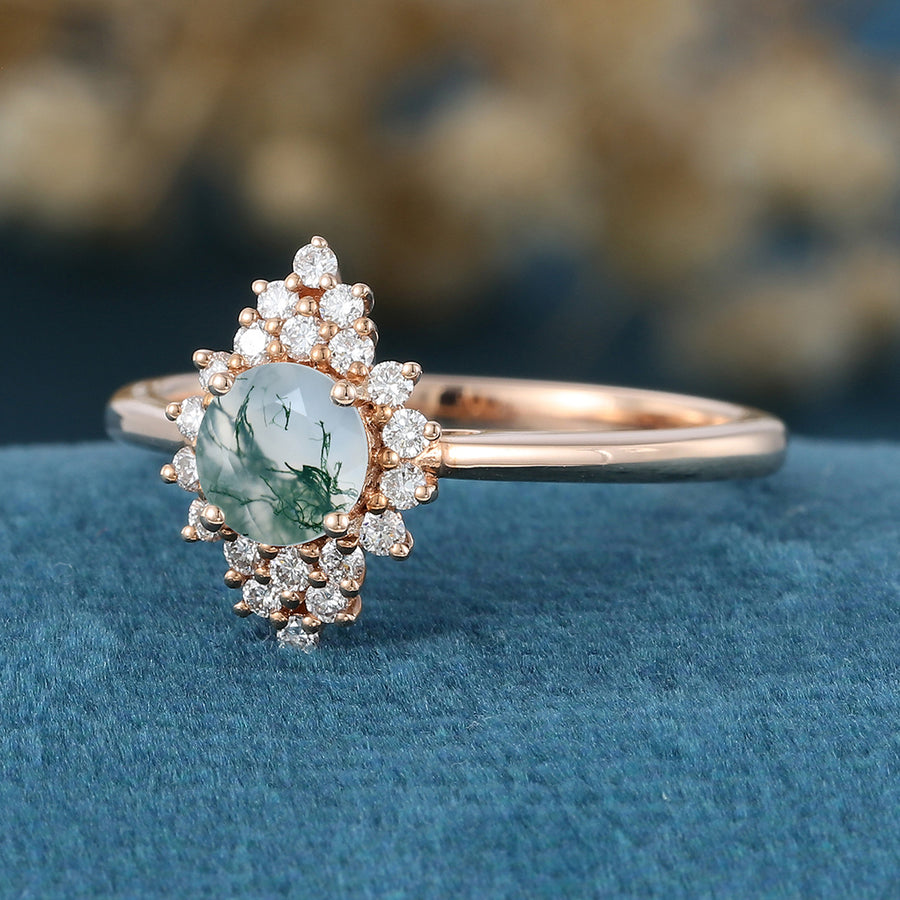 Round cut Moss Agate Matching Mossanite | Diamonds Gold Engagement Ring