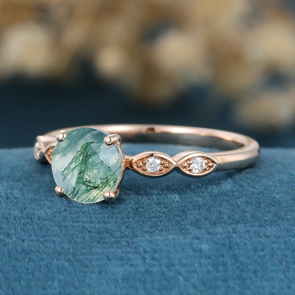 Round cut Moss Agate Matching Diamonds Gold Engagement Ring