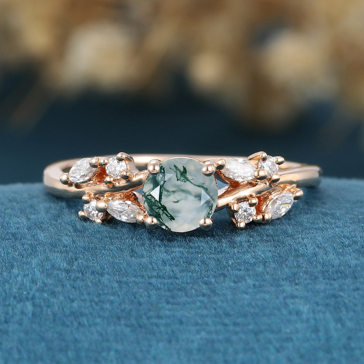 Round cut Moss Agate Matching Mossanite | Diamonds Gold Engagement Ring