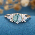 Hexagon Cut Natural Green Moss Agate Cluster Engagement Ring