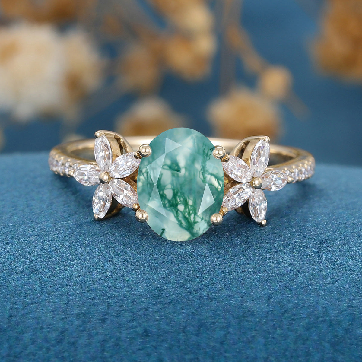 Oval Cut Natural Green Moss Agate Cluster Engagement Ring