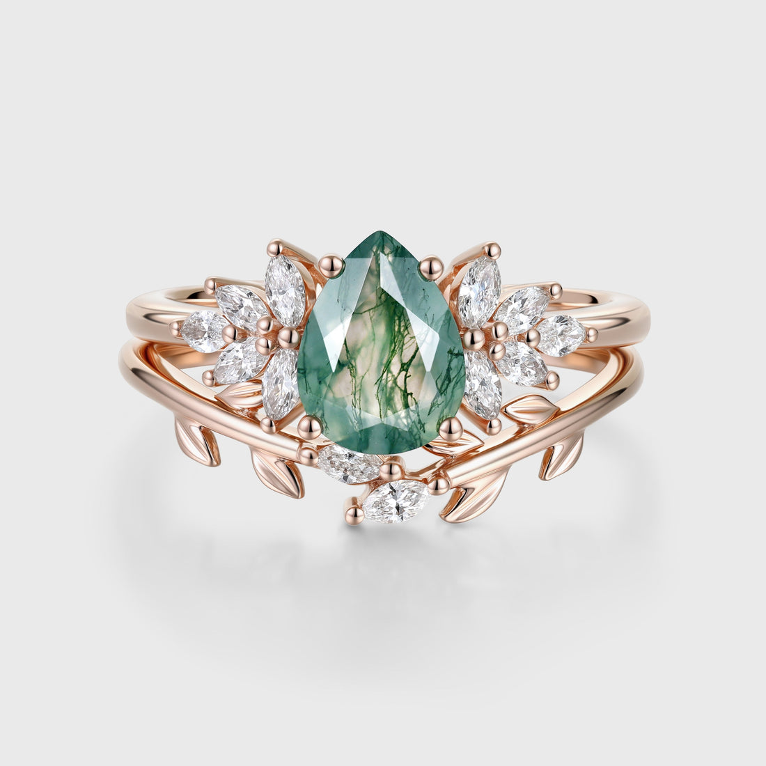 Moss Agate Natural Green Pear cut Engagement ring Bridal Sets