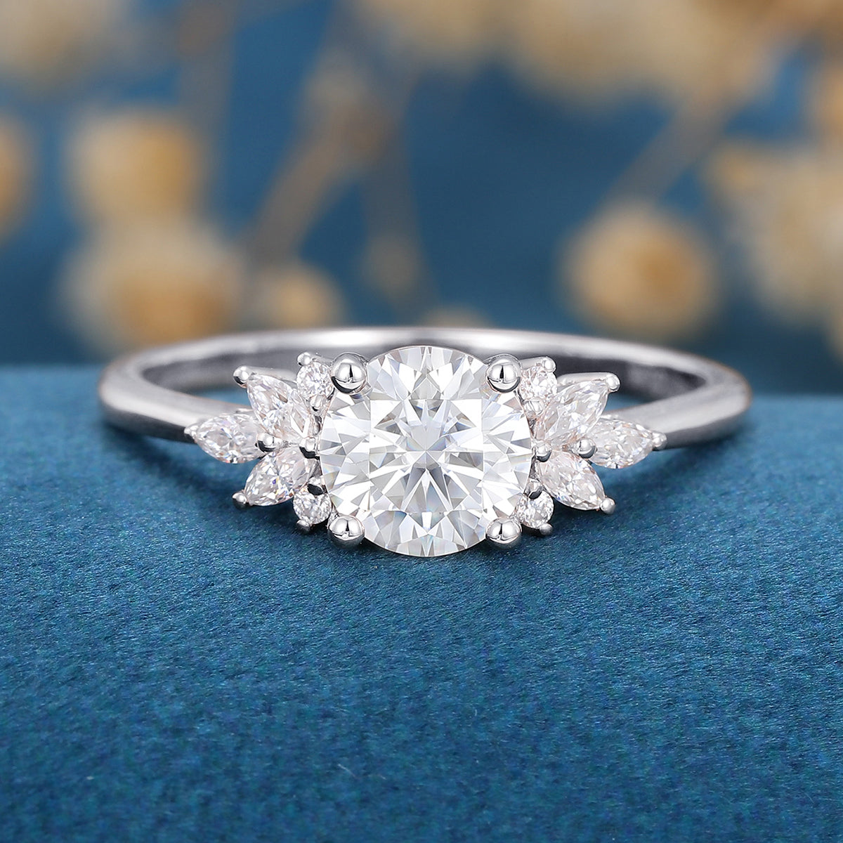 1 Carat Round cut Moissanite Cluster Engagement ring