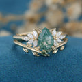 Nature Inspired Pear cut Moss Agate Leaf Gold Wedding bridal set