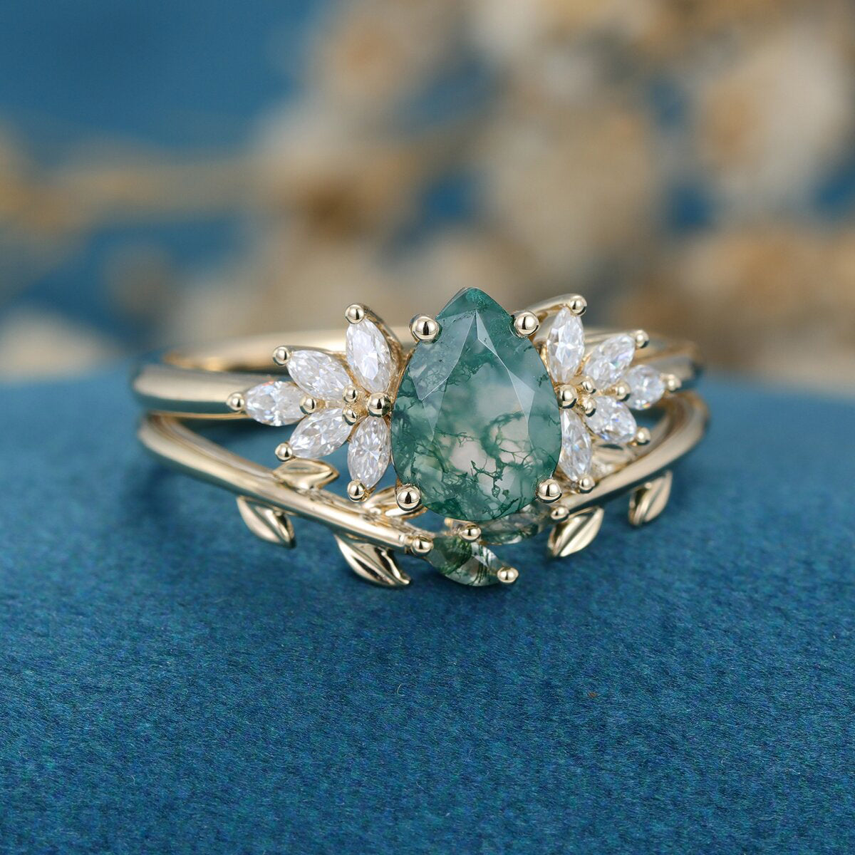 Nature Inspired Pear cut Moss Agate Leaf Gold Wedding bridal set