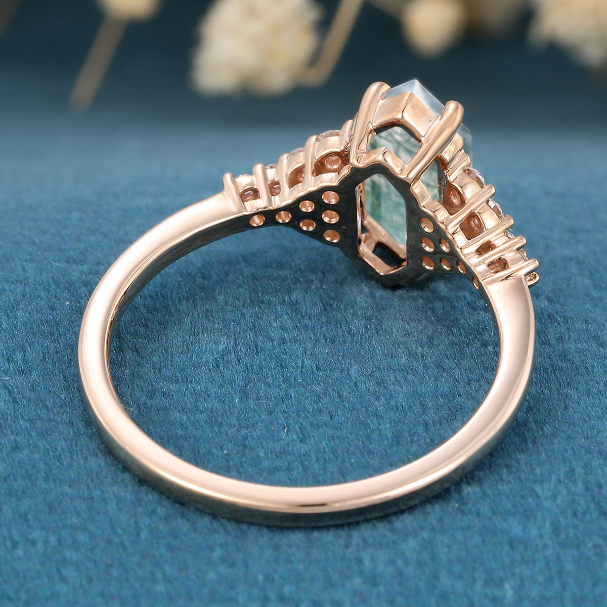 Long Hexagon cut Moss Agate Matching Mossanite | Diamonds Gold Engagement Ring (Copy)