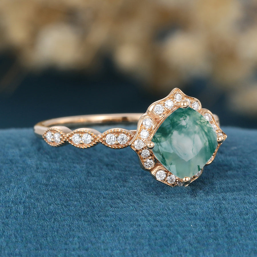 Round cut Moss Agate Matching Mossanite | Diamonds Gold Engagement Ring (Copy)